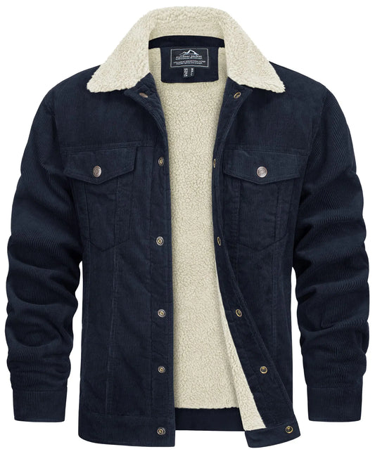 TACVASEN Thicken Fleece Lining Mens Corduroy Jacket Sherpa Lined Winter Coats Trucker Cargo Workwear Multi-Pocket Outwear