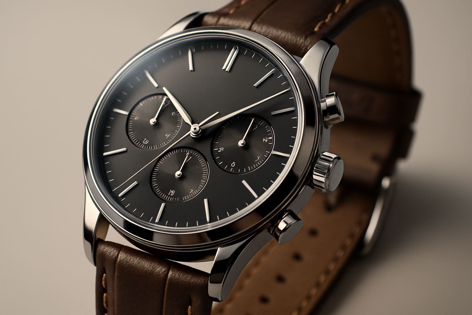 High-quality close-up of a stylish men's wristwatch. Sophisticated design with metallic and leather details, polished finish reflecting soft lighting. Clean and minimal background to emphasize the watch. Premium, elegant, and masculine presentation. No text.