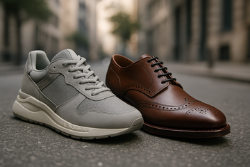 "High-quality image of a men's sneaker and a men's dress shoe positioned side by side, slightly tilted towards each other forming a 'V' shape. Modern sneaker with detailed textures and elegant dress shoe, placed on an urban street background with soft natural lighting. Premium, contemporary, and masculine presentation. No text."