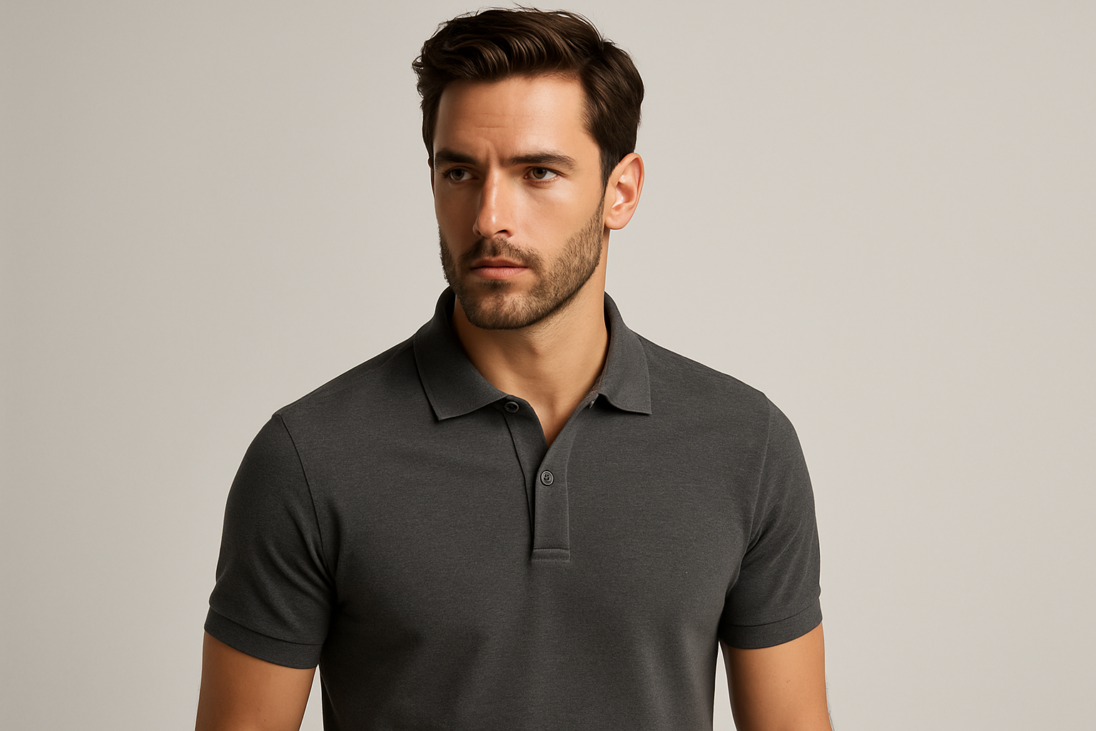 High-quality image of a modern male model wearing a classic polo shirt. Clean, sophisticated background with soft lighting to highlight the details of the shirt and the model. Stylish and contemporary look, premium and masculine presentation. No text.