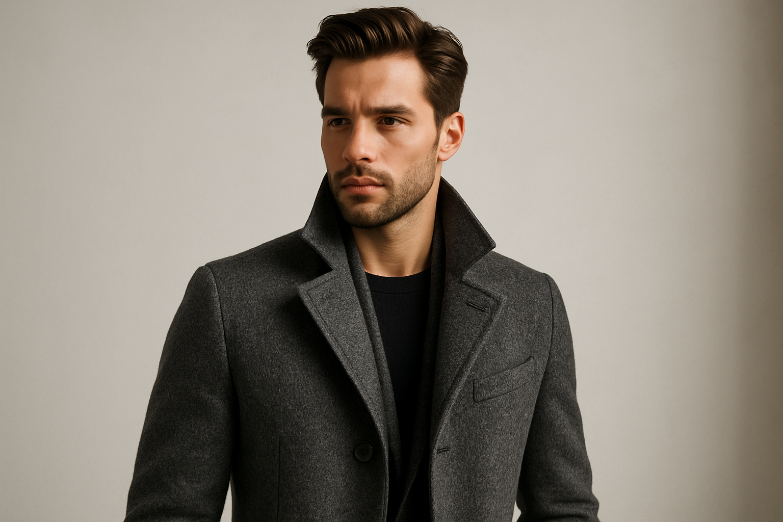 High-quality image of a modern male model wearing a stylish jacket or coat. Sophisticated and contemporary design with attention to fabric texture and details. Model posed in a clean, elegant background with soft lighting to emphasize the garment. Premium, masculine, and fashionable presentation. No text."